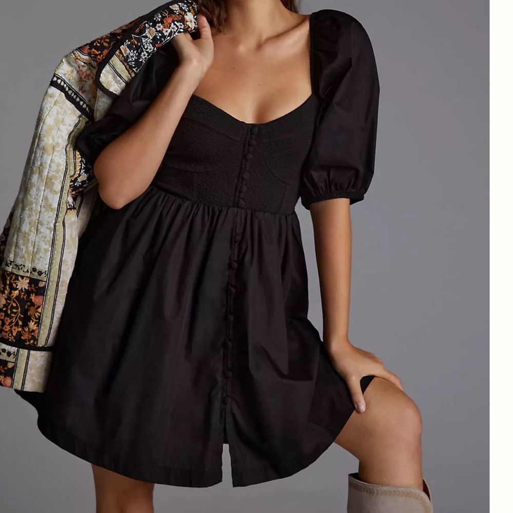 ANTHROPOLOGIE Maeve Puff-Sleeved Sweetheart Mini Black Dress Baby Doll Size M